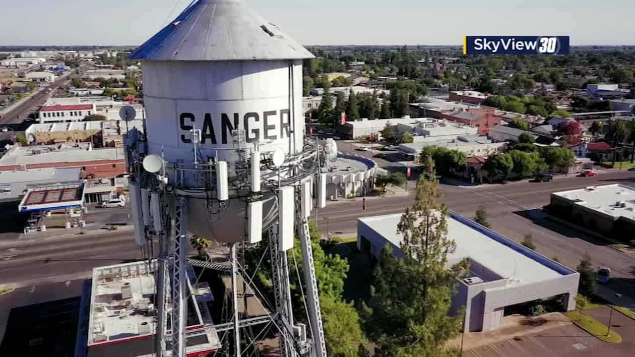 A water tank in Sanger with Sanger written on it.