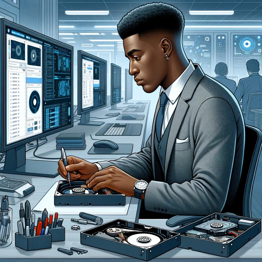 A technician recovering hard drive data at Central Valley TechCare