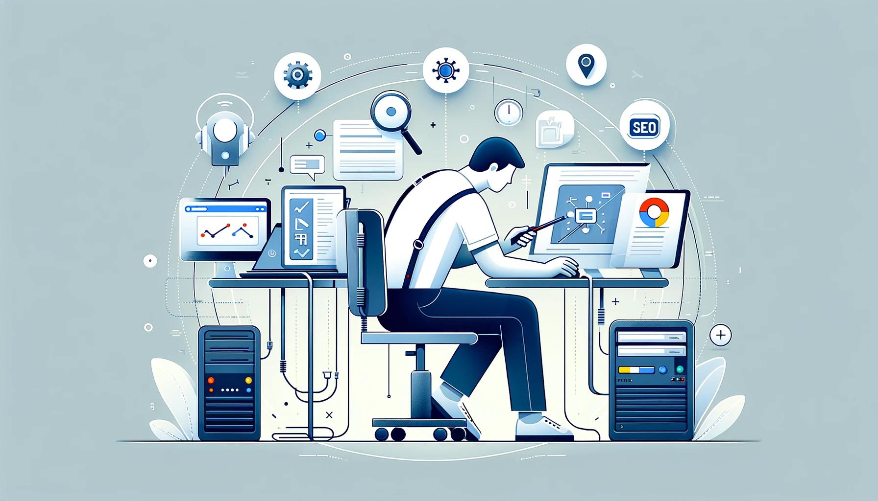 A comic image of a technician working on a computer with SEO-related icons floating around him