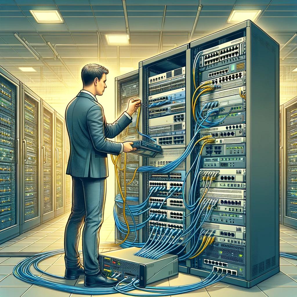 A computer network technician standing in front of a server and testing network equipment