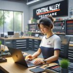 Image of a female technician providing PC repair service at a Central Valley TechCare repair shop