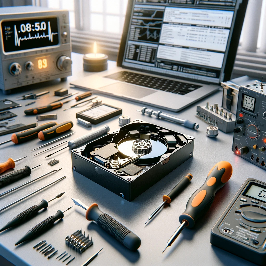 A detailed image of a workbench in a data recovery lab focusing on a hard drive connected to various data recovery tools The setting includes a disassembly