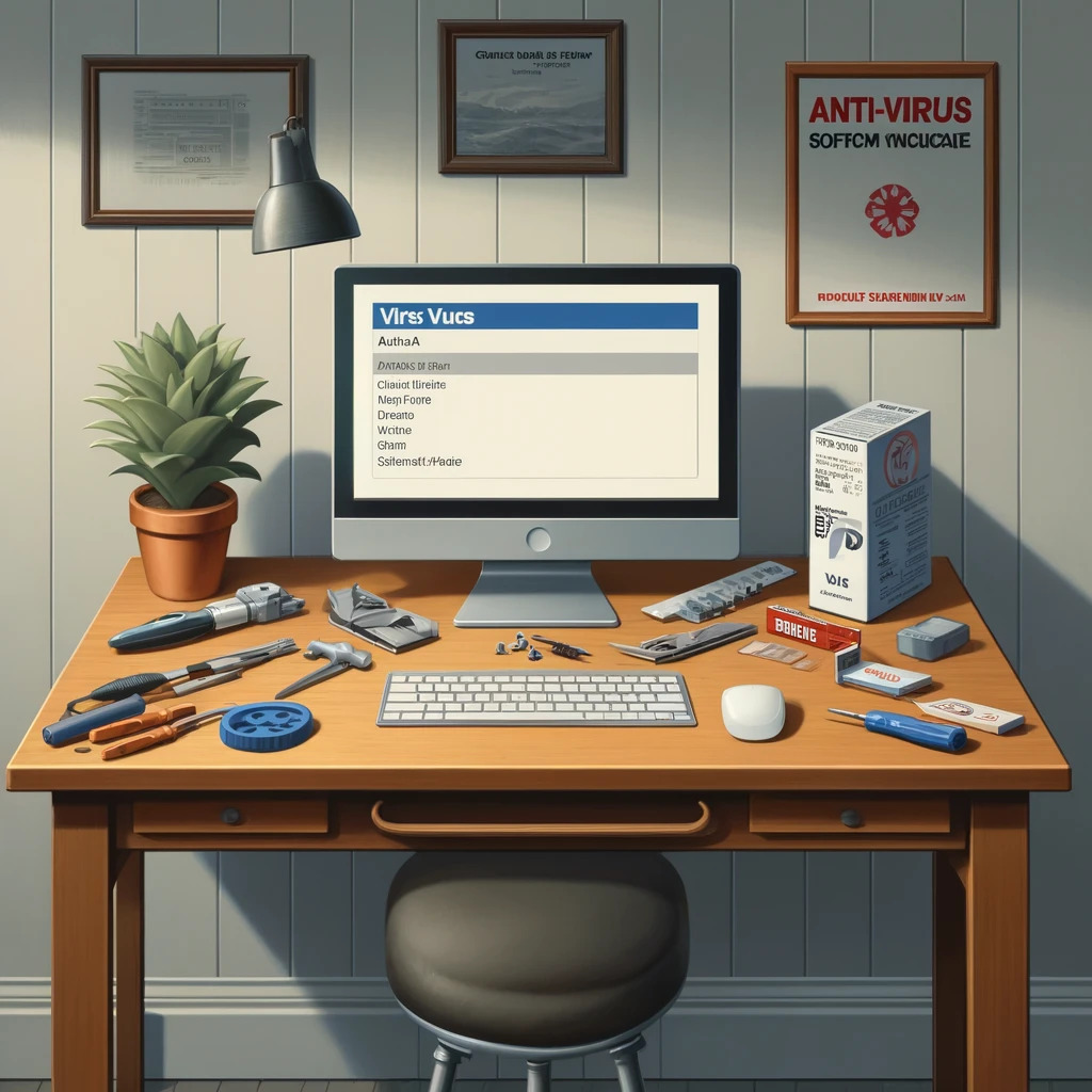 A modest computer technician's workspace with basic but effective tools for virus removal.