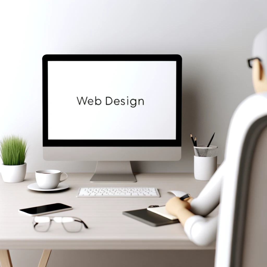 Affordable web design service for Fresno small businesses by CVTechCare. A simple and clean web design workspace with minimalistic style featuring a single designer working on a sleek modern computer.