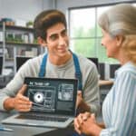 A computer repair tech shows a middle-aged woman the progress of a PC tune-up service.