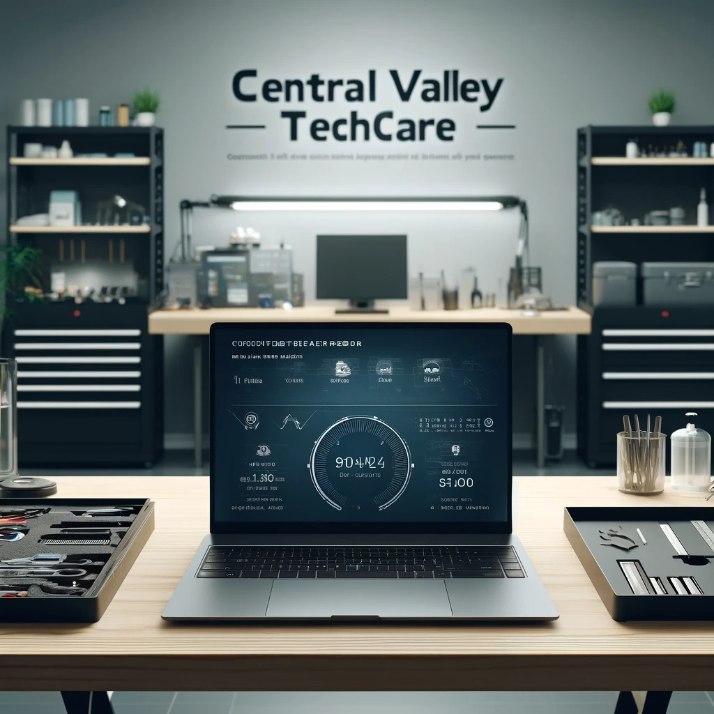 A professional scene showing a laptop on a clean organized workbench in a computer repair shop The laptop is open displaying diagnostic software on the screen.