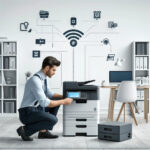 A professional technician setting up a modern printer in a clean organized office environment. The technician is connecting the printer to a WiFi network.
