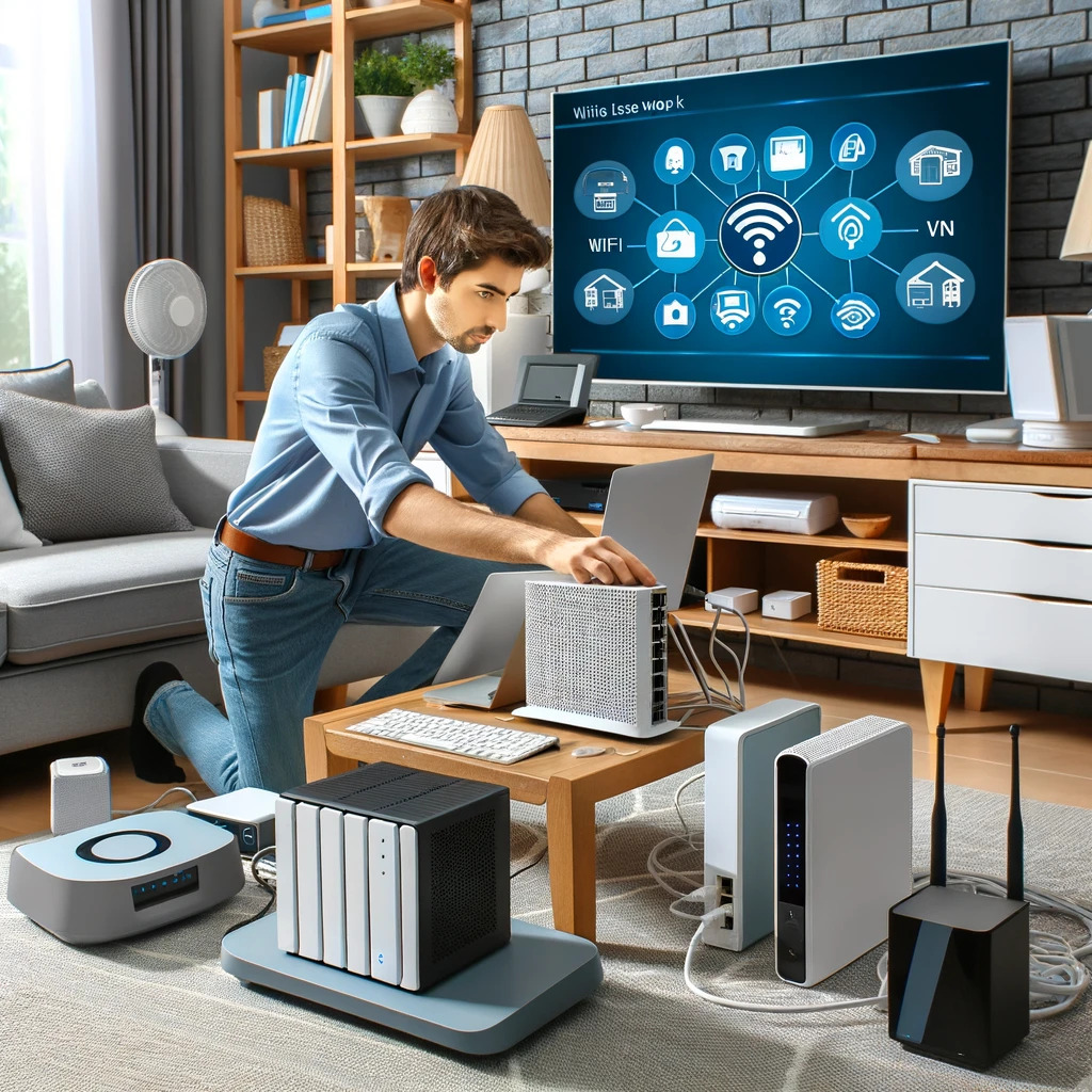 A professional technician setting up a home network in a modern living room. The technician is connecting various devices such as a router, WiFi, and extender.