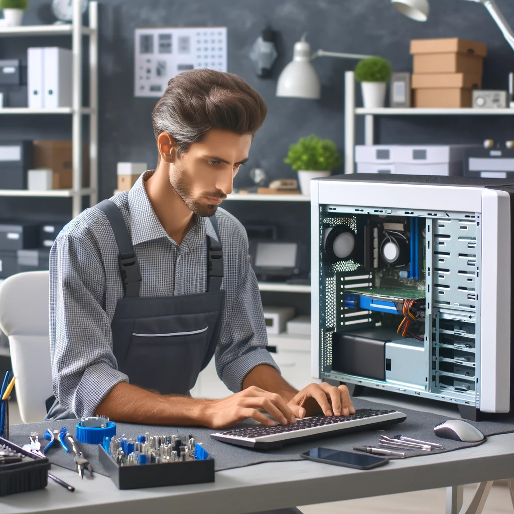A professional computer repair technician in Madera diagnosing a desktop computer in a clean and organized repair shop in Madera. The scene includes modern tools and equipment, with the technician focused on fixing the computer. The background has shelves with various computer parts and repair tools.