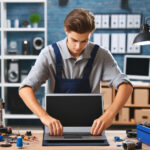 A professional computer repair tech doing a laptop screen repair in a clean and organized repair shop in Clovis.