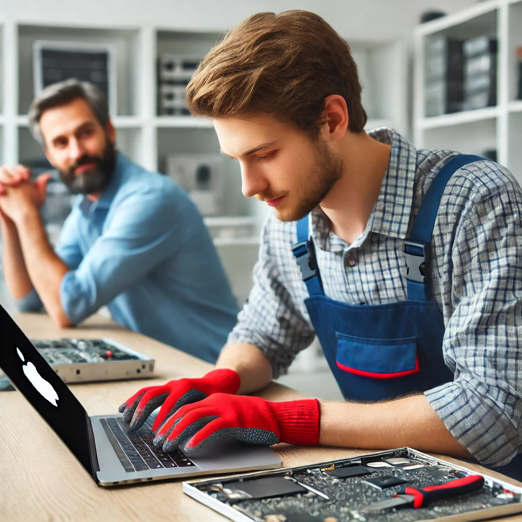 A professional technician providing MacBook repair services with the Apple logo clearly visible in a clean and organized repair shop.