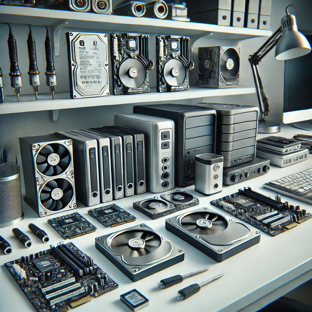 A detailed image showcasing various types of computer storage devices such as HDDs, SSDs, and external hard drives.