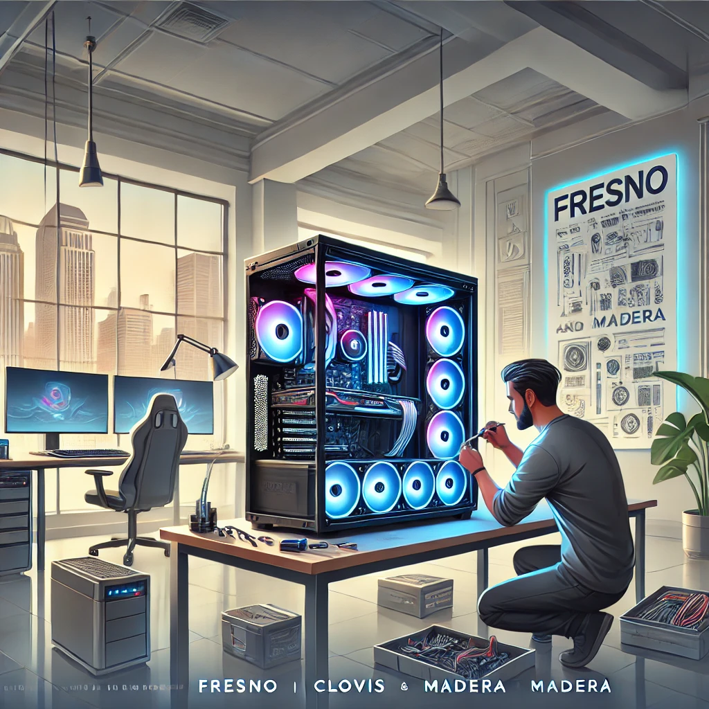 Professional PC builder assembling a high-performance gaming PC with RGB-lit components, including a graphics card, cooling fans, and a sleek PC case, in a modern workspace.