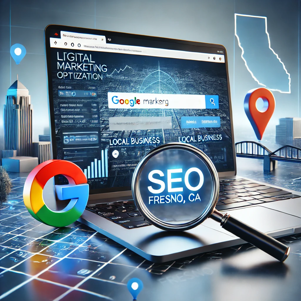 A laptop displaying SEO analytics, a magnifying glass over a Google search result, and a local business pin on a map, symbolizing the importance of Search Engine Optimization (SEO) for businesses in Fresno and the Central Valley