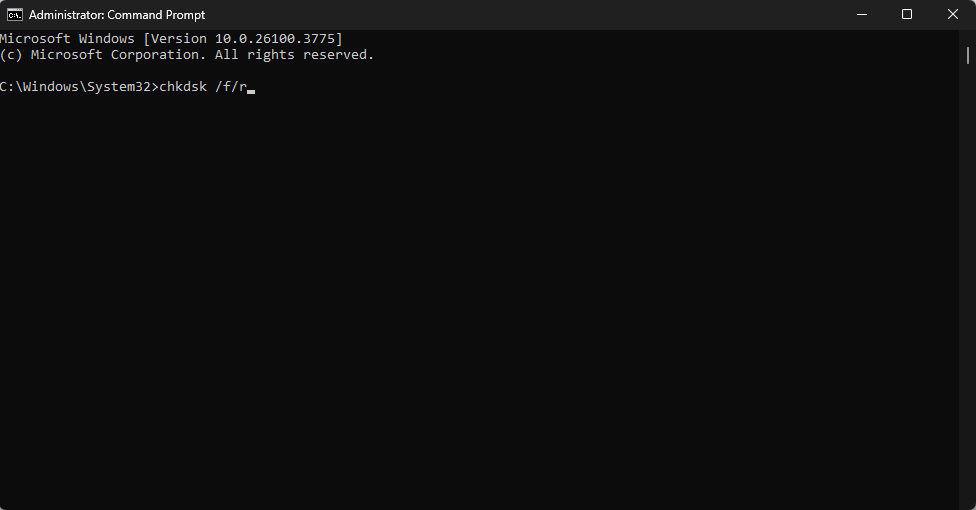 An image of Windows command line interface showing a check disk command to check for hard drive failure