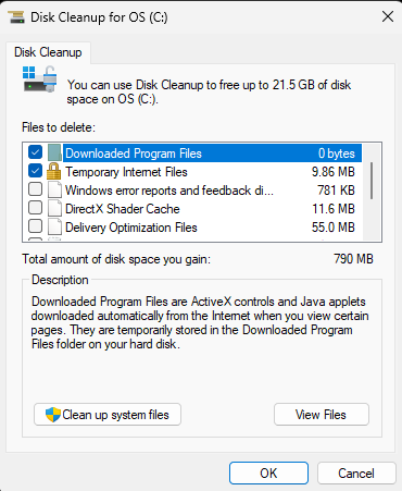 Disk cleanup showing on a windows pc