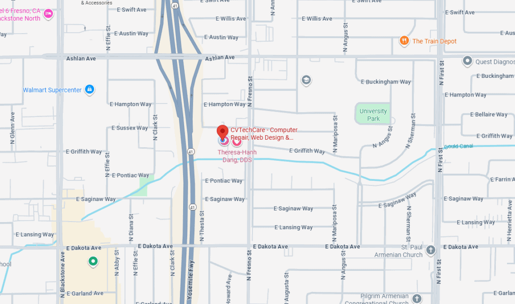 An map image of the location of central valley techcare office in Fresno California at 4025 N Fresno Street, Suite 107, Fresno Ca 93726