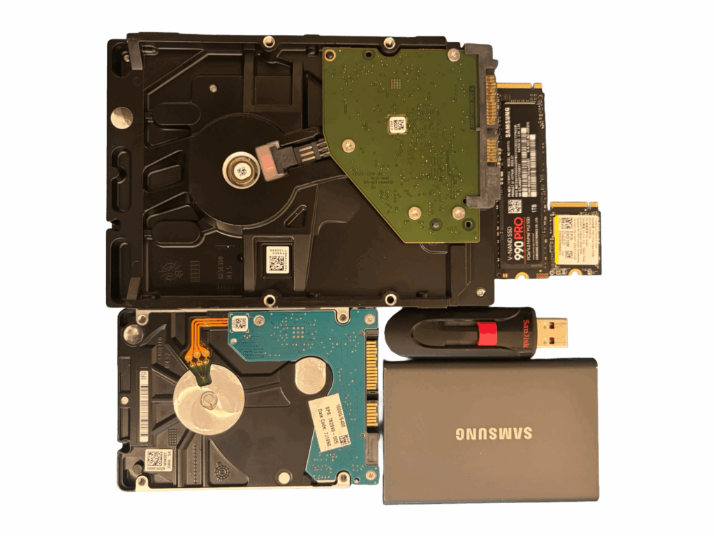 An image of different storage types - HDD, SSD, M.2, NVMe, external SSD, etc. Data recovery is done on these various storage types by Central VAlley TechCare in Fresno